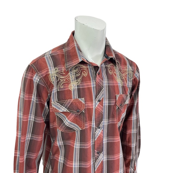 Ely Cattleman 1878 Snap Western Rockabilly Embroidered Shirt Rust Plaid Mens XL - Picture 6 of 11